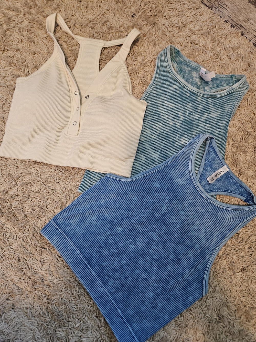 Zenana Outfitters Ribbed Crop Tank Trio in Cream and Blue Shades